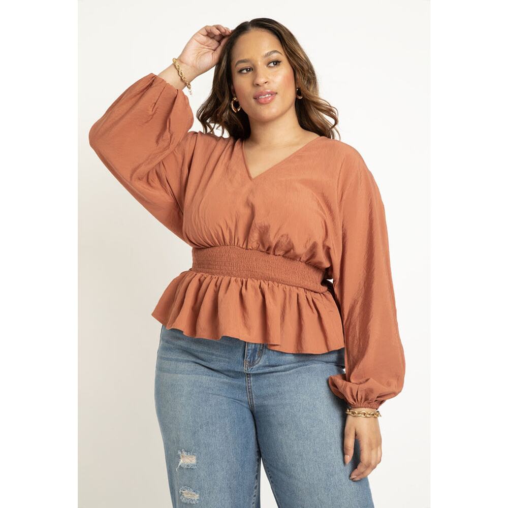 New Eloquii Womans Sz 14 Blouse Smocked Waist Copper Puff Long Sleeve NWT